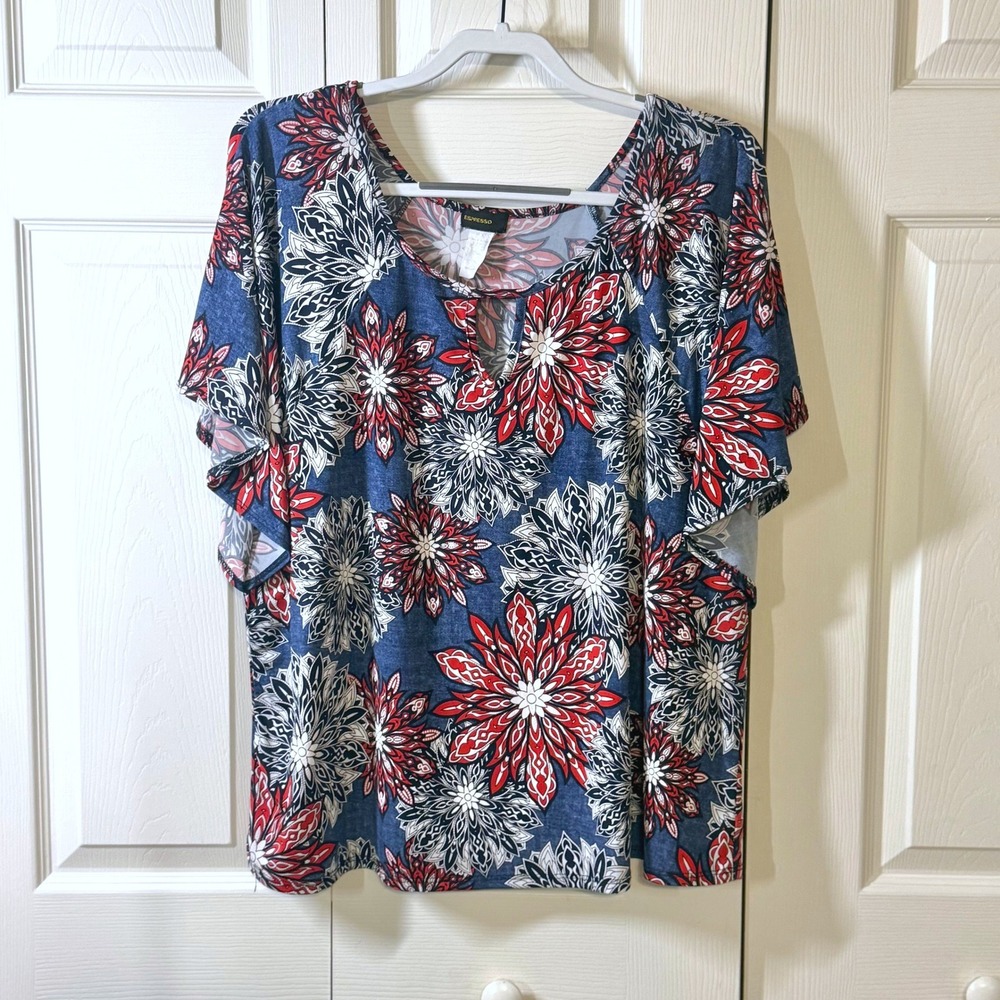 Espresso Womens Floral Mandala Keyhole Neck Blouse Blue Red White Size 1X